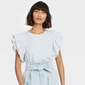 A New Day Short Sleeve Striped Ruffle Linen Top - Size M